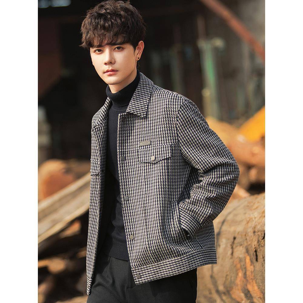 冬季千鸟格子男士春休闲感加厚呢外套短款男装潮流1121w