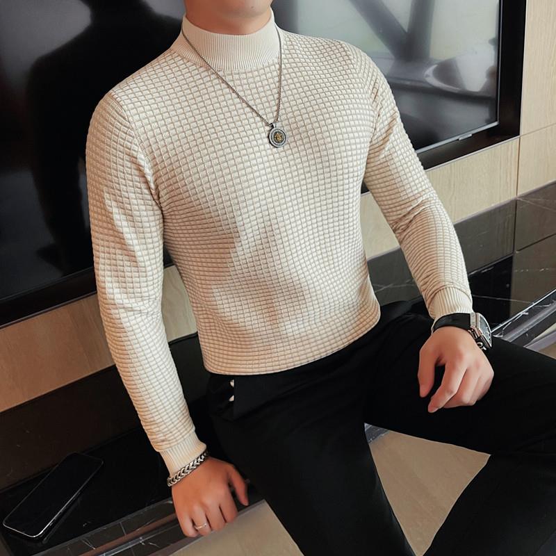 秋冬半高领小格子针织衫毛衣男士新款修身中领打底衫1023z