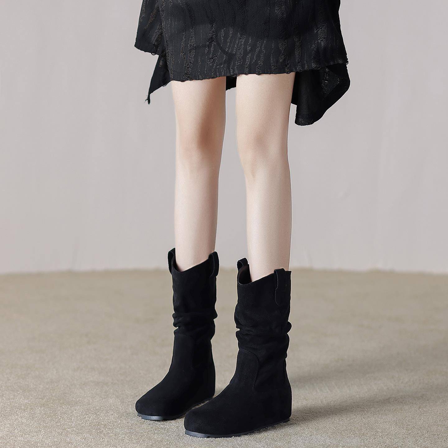 冬季版内增高褶皱中筒堆堆靴子女2025季火黑色冬美拉德短靴1211w