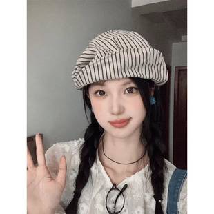 文艺覆古条纹八角帽子女春夏透气显脸雷帽遮阳报童帽0124w