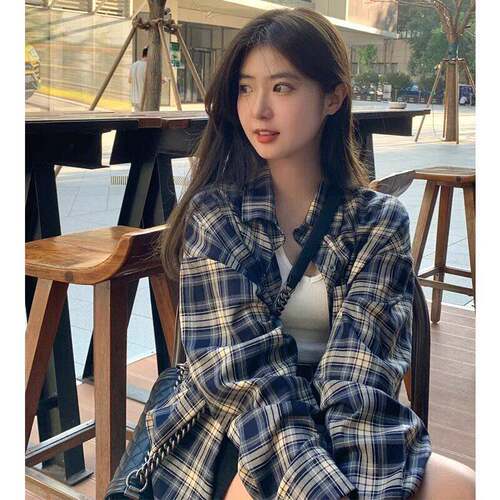 穿搭格子衬衫女慵懒风复古宽松衬衫开衫外套防晒上衣薄0819k