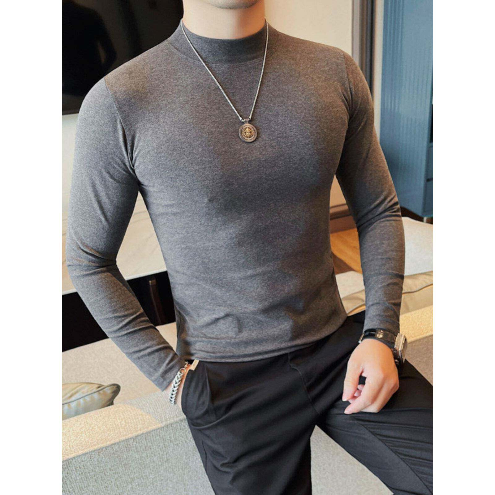 男士t恤装半高领紧身纯色长袖韩版修身弹力打底衫潮流中领0306k