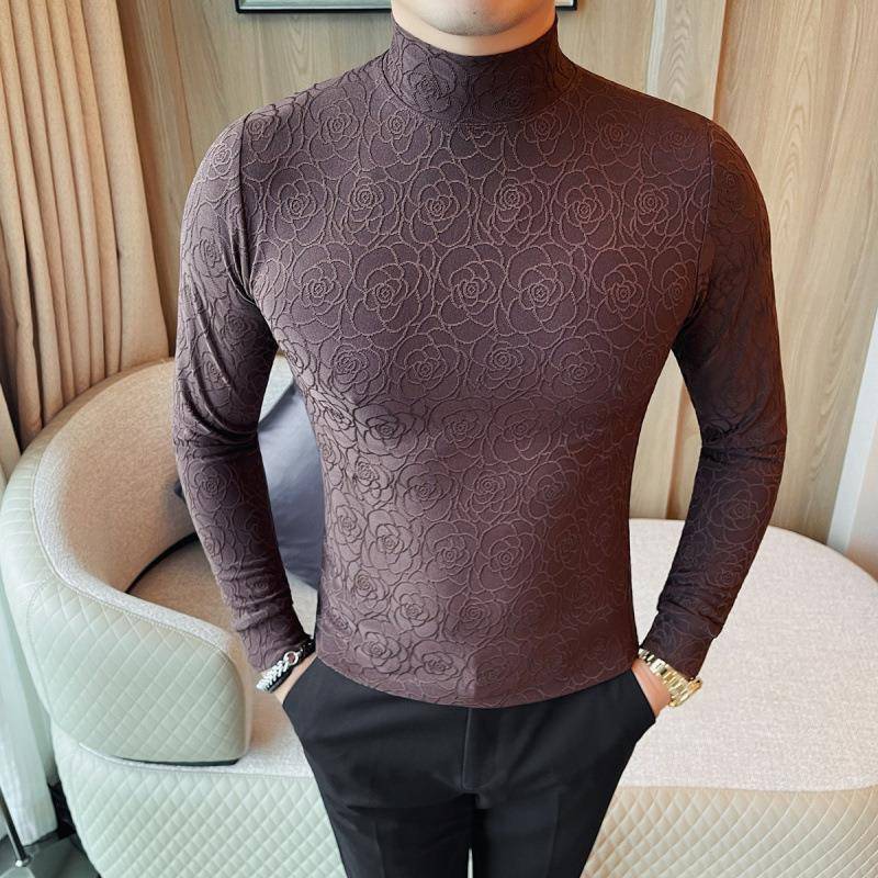 秋冬新款长袖T恤男士半高领潮流时尚印花修身内搭休闲打底衫1023z