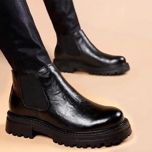 秋冬皮靴男加绒英伦风潮流黑色中筒马丁靴套脚高筒保暖男鞋 1226z
