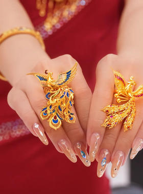 【同款低价】传承古法沙金凤舞九天戒指新中式宫廷风渐变珐琅彩点