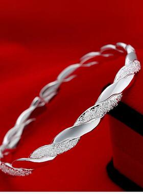 女小众设计不掉色爱手镯 磨沙雨女银手环 双线环闪沙爱交织银手饰