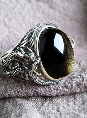 新款小众个性设计饰品时尚复古风戒指金色霸气男款开口黑体金光龙