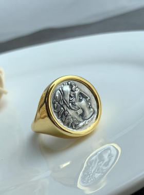 大力神古币情侣戒指希腊个性创意人头像男女复古对戒浮雕图腾抽象