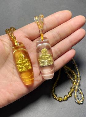 玻璃镶金柱子财神吊坠礼物五台山龙五爷挂件景区黄水晶佛牌毛衣链