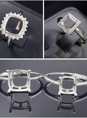 女小众设计不掉色新款 简约S925银戒指空托 肥阿斯切正方形倒角4