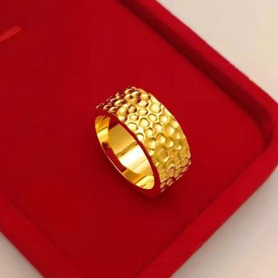 碎冰冰戒指越南沙金手工锤纹真黄金指环男女个性风锤纹素圈小众