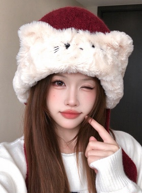 红色猫咪毛绒保暖护耳雷锋帽女款