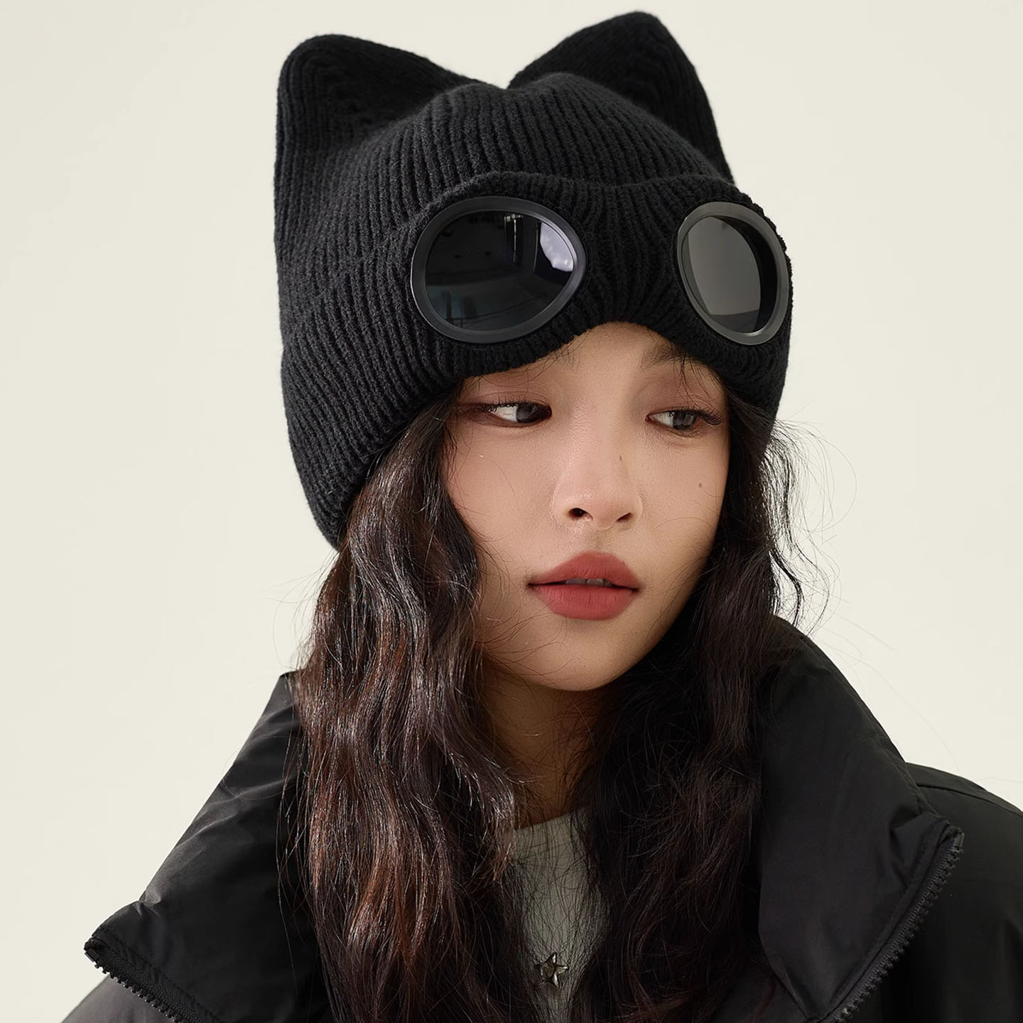 飞行员墨镜猫耳朵针织帽女秋冬季加厚保暖护耳帽大头显脸小毛线帽