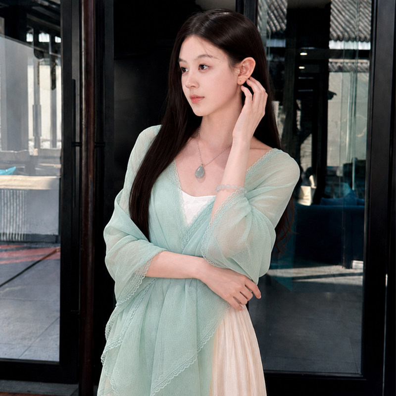 夏季薄荷绿蕾丝防晒保暖披肩女