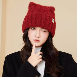 2025新款可爱猫耳朵时尚字母针织帽子女秋冬季保暖护耳套头毛线帽