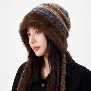 大头围毛线针织堆堆帽子女渐变毛绒流苏毛线帽冬季保暖护耳雷锋帽
