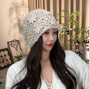 民族风手工针织立体花朵堆堆帽女2025新款 显脸小百搭针织帽 秋冬季
