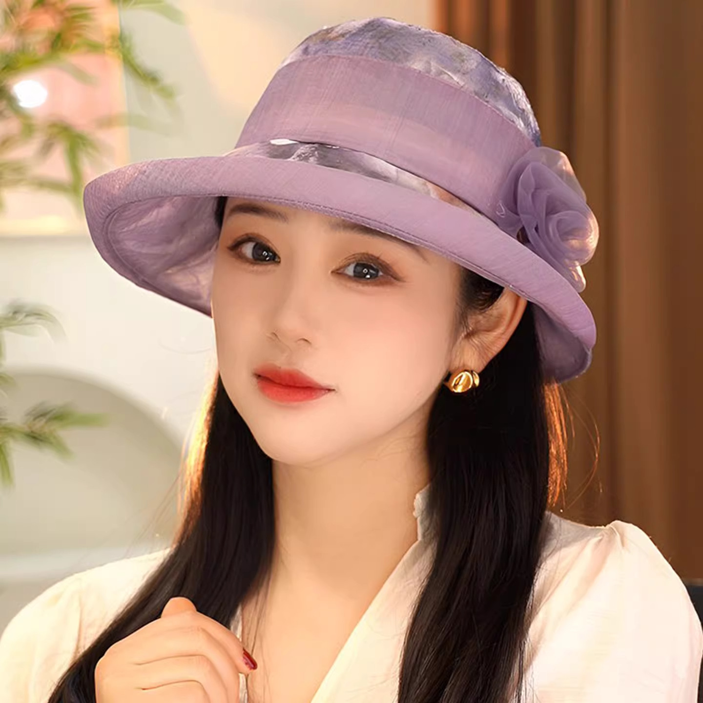 春夏季中老年薄款透气遮阳帽子女可折叠花朵百搭显脸小太阳帽盆帽