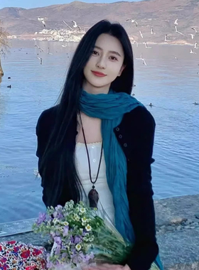 文艺风湖蓝色围巾女春夏季棉麻褶皱长款丝巾围脖云南大理旅游披肩