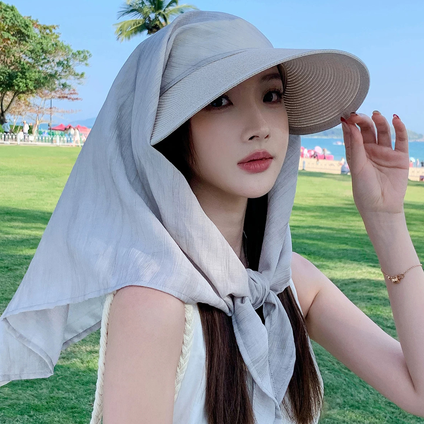 夏季大檐丝巾护颈防晒草帽女款