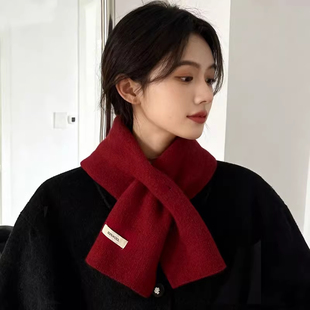 100%羊毛短款小围巾冬季新年红色韩系氛围感时尚百搭保暖护颈围脖