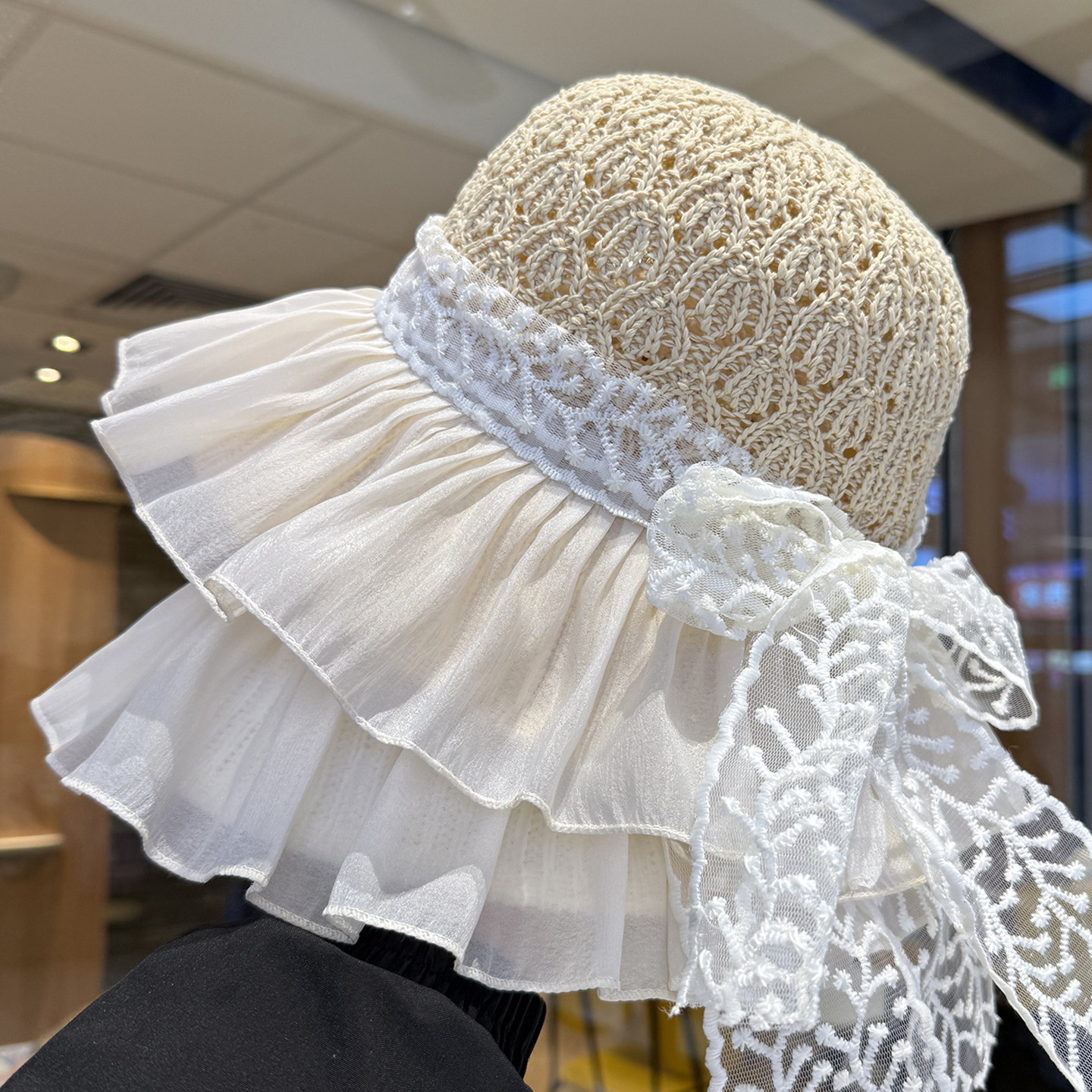 镂空编织蕾丝渔夫帽子女款2026新款夏季度假风防晒帽显脸小遮阳帽
