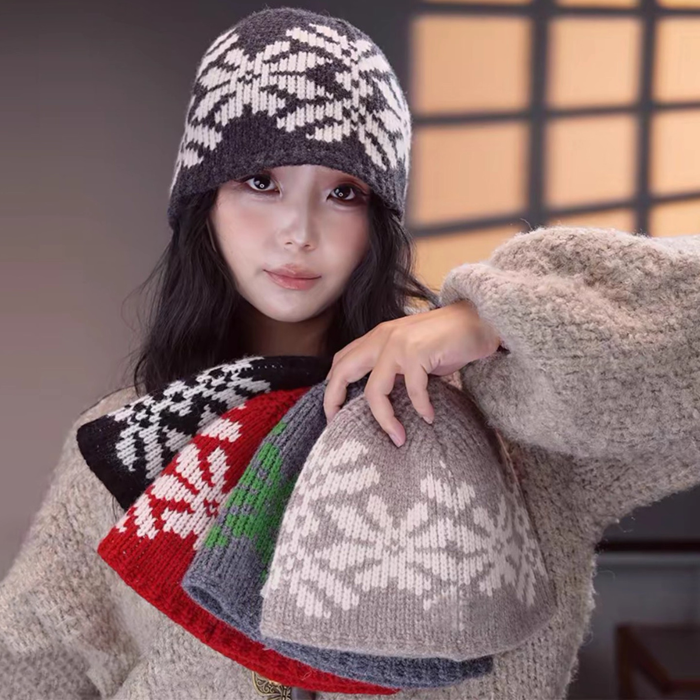 含羊毛费尔岛风提花针织包头帽女