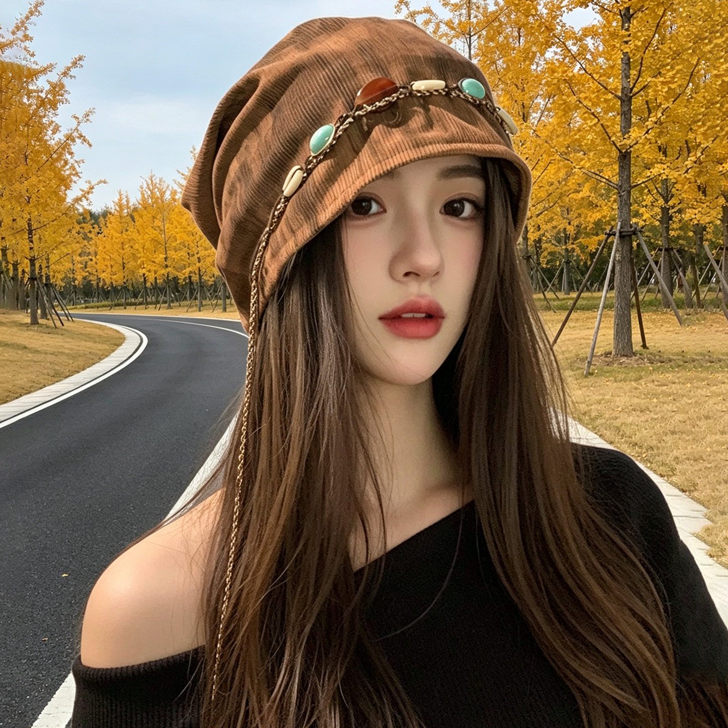 美拉德风秋季女款堆堆帽拍照