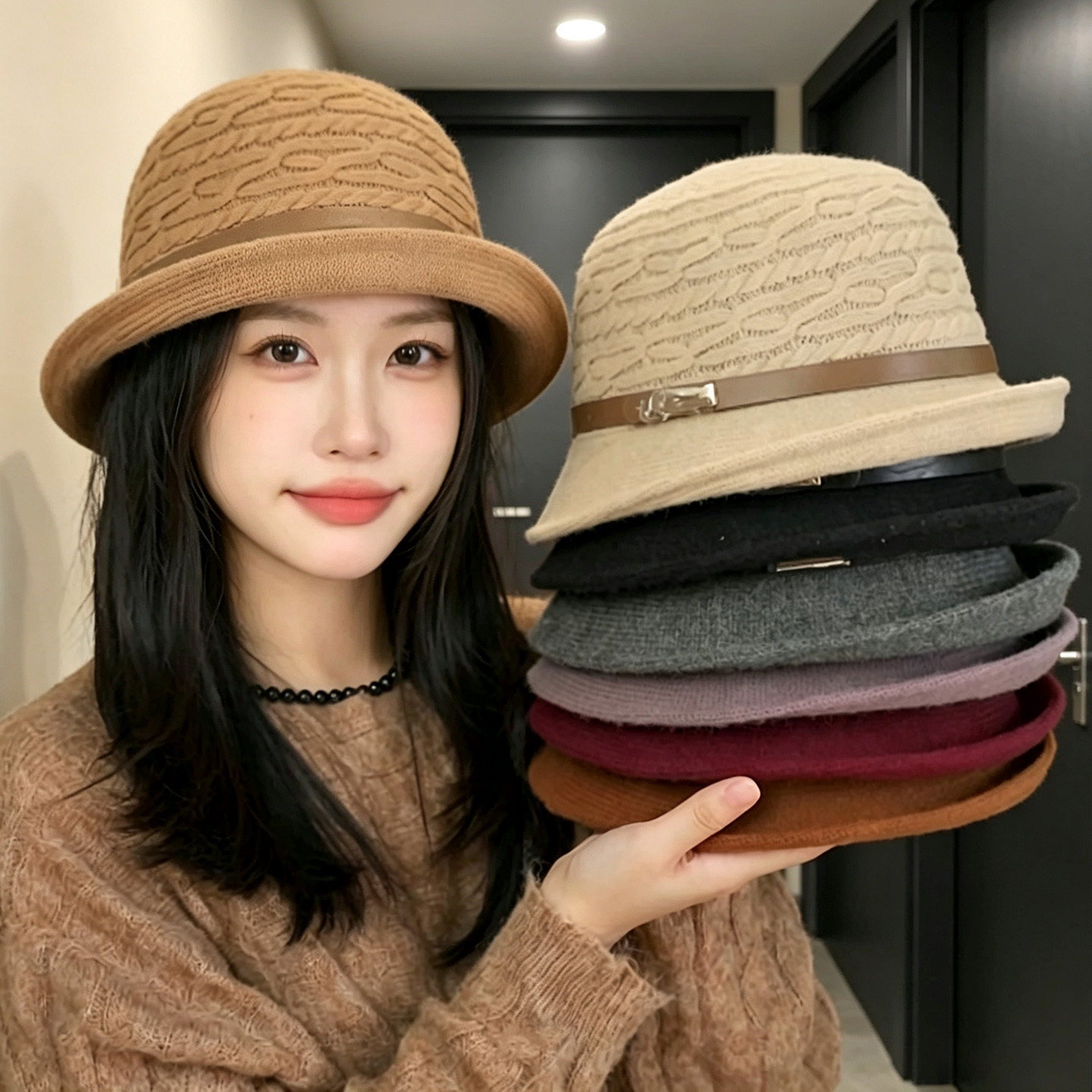 日系秋款宽檐保暖显脸小渔夫帽女