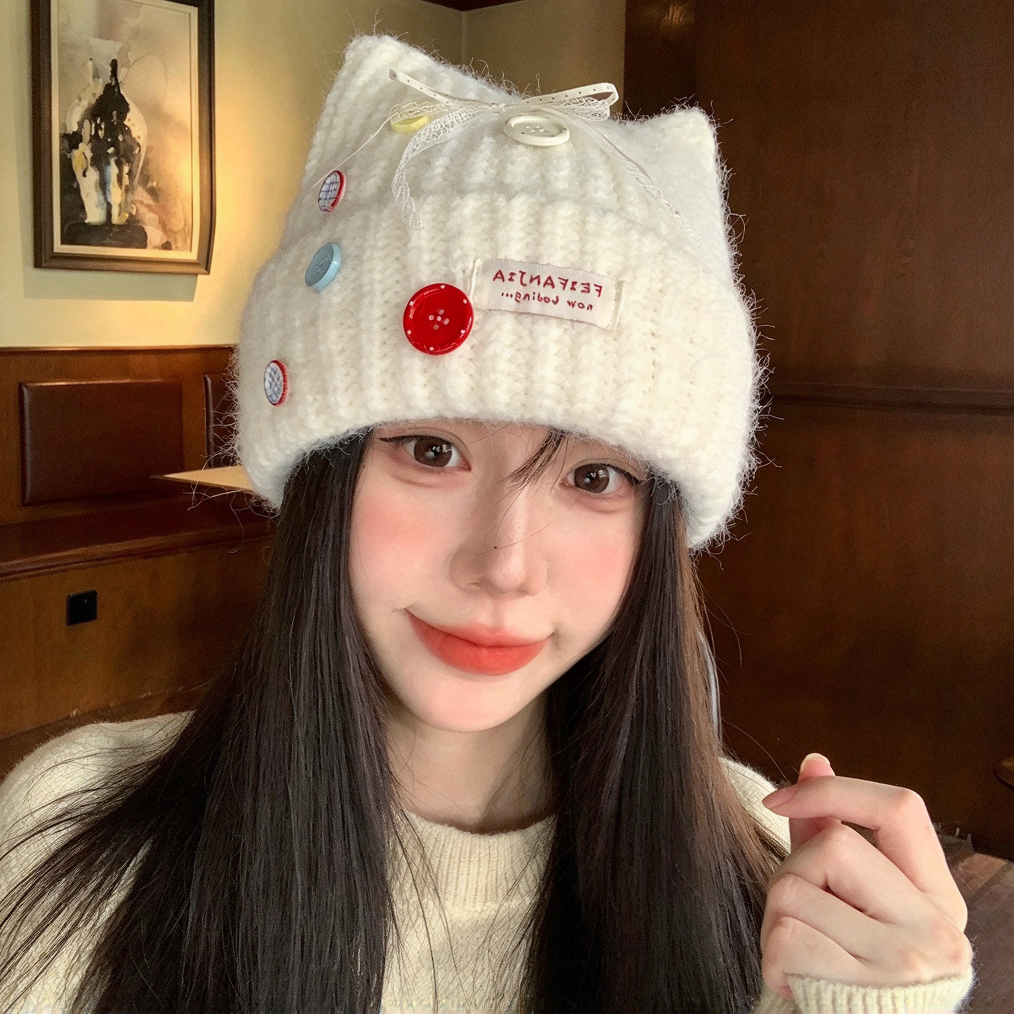 冬季猫耳护耳保暖显脸小针织帽