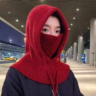 秋冬季保暖针织毛线帽子女面罩围脖一体连帽骑车护颈防寒套头冷帽