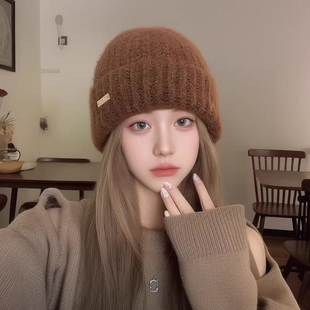 美拉德毛线帽子女秋冬加厚保暖羊毛针织帽宽松大头护耳冷帽显脸小