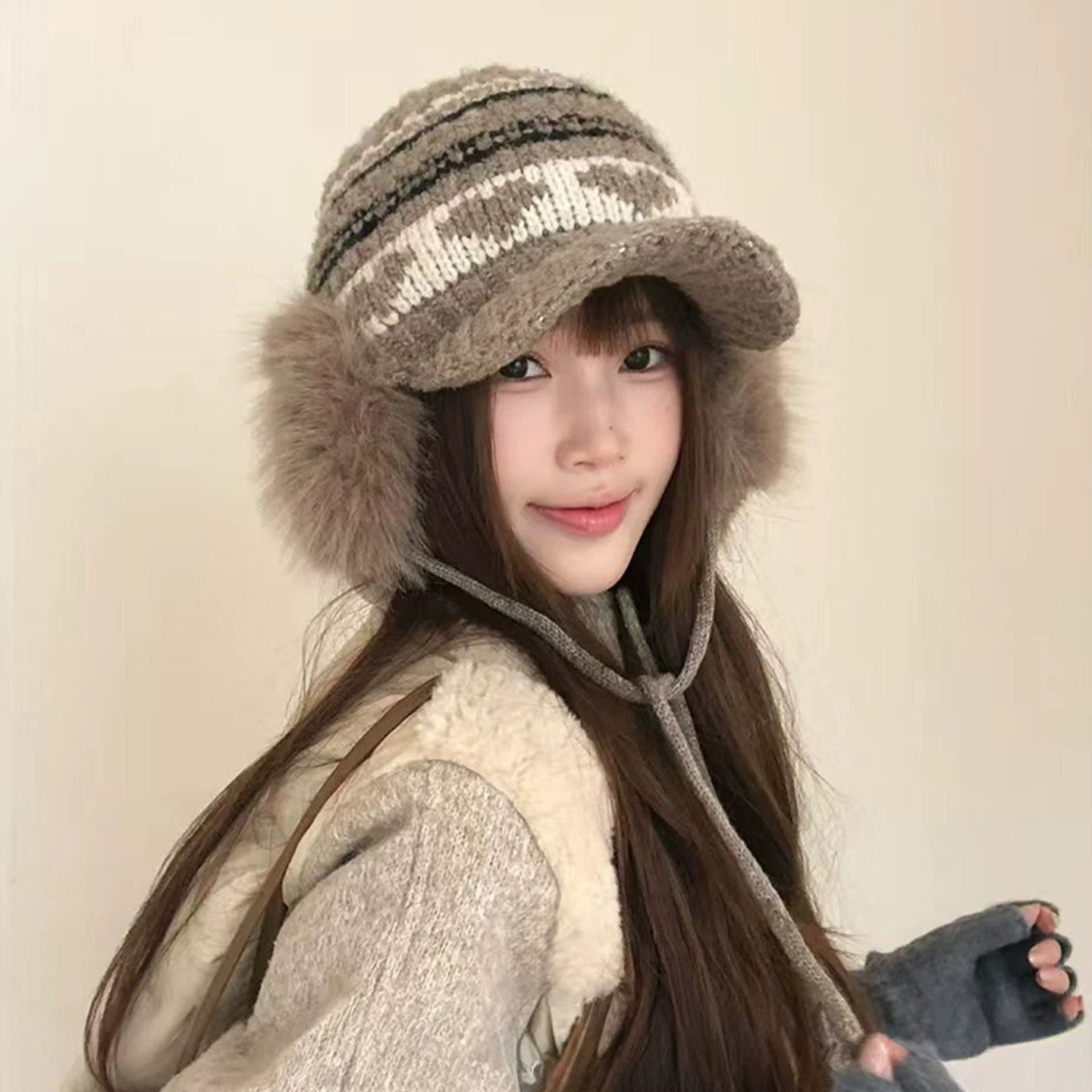 冬季女款费尔岛提花保暖护耳帽
