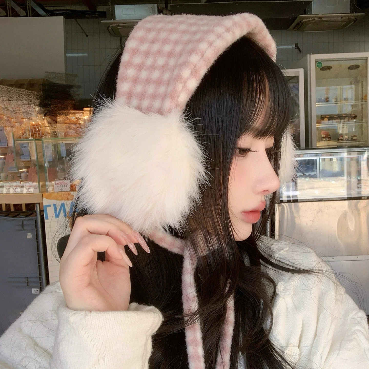 日系格纹毛绒绑带保暖耳套女冬
