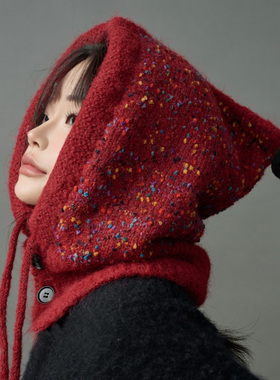 红色针织巴拉克拉法帽子女秋冬季保暖大头围显脸小围巾一体包头帽