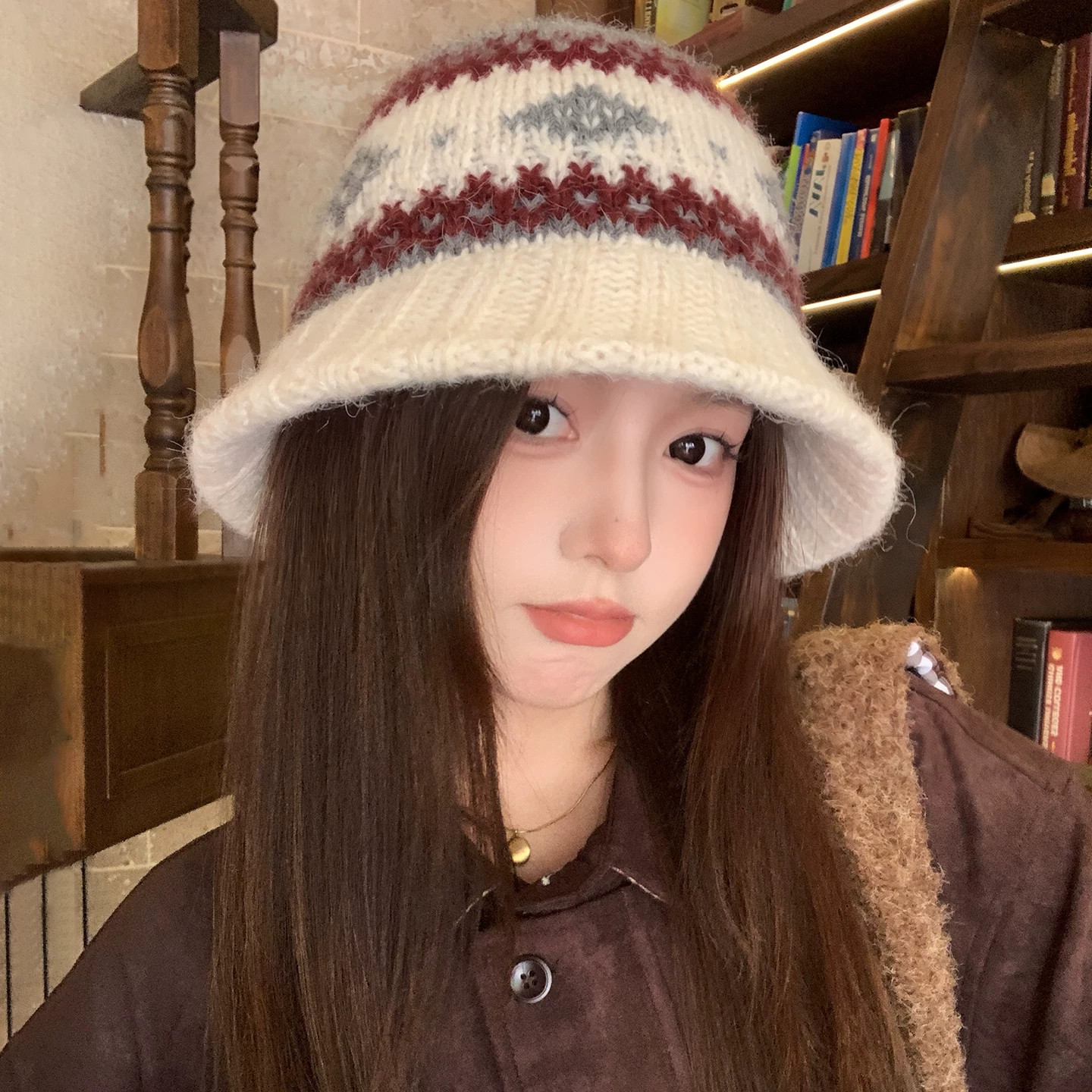 费尔岛风针织渔夫帽秋冬季帽子女款百搭保暖宽檐显脸小水桶帽盆帽图片