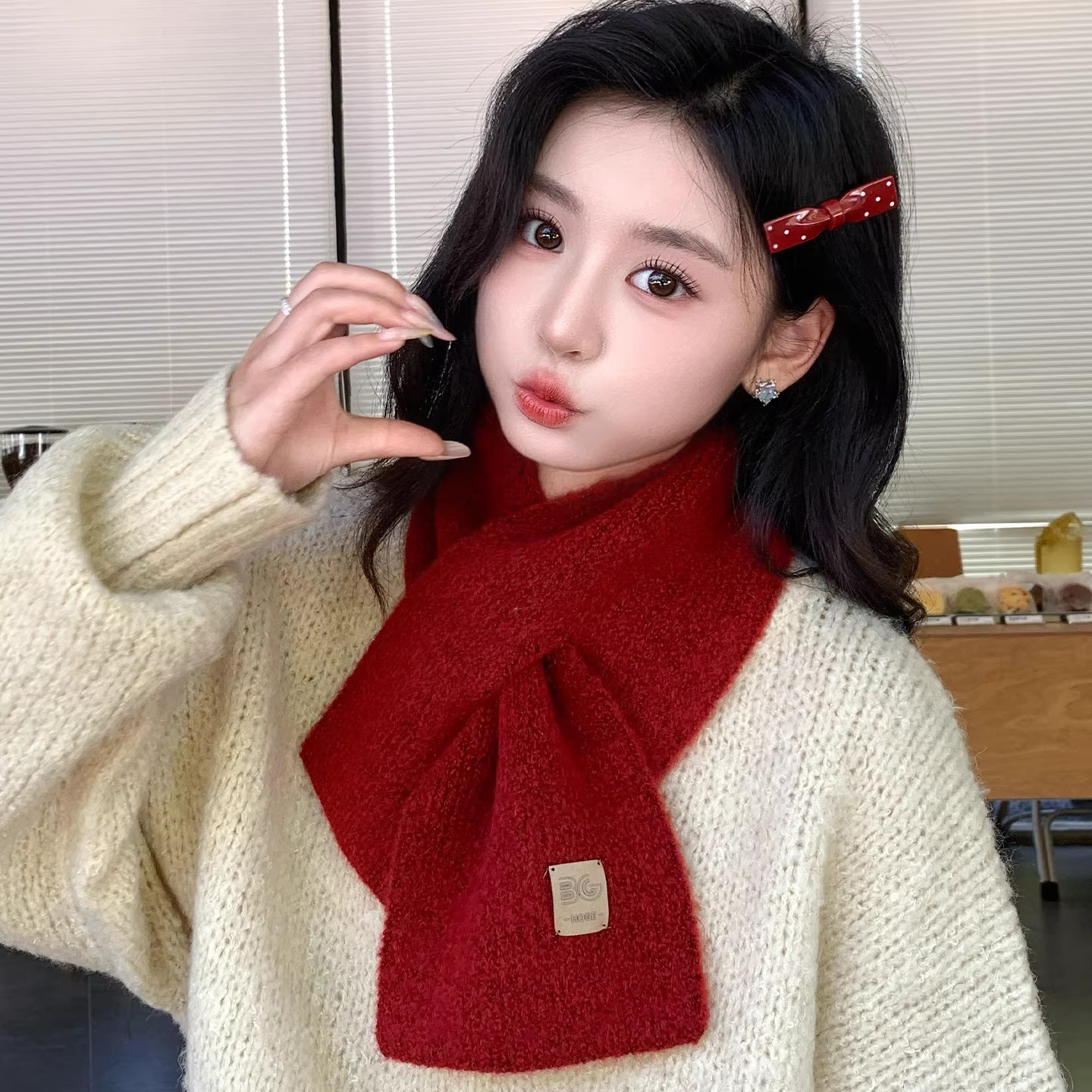 红色交叉针织小围巾女2026新款秋冬季保暖百搭高级氛围感学生围脖