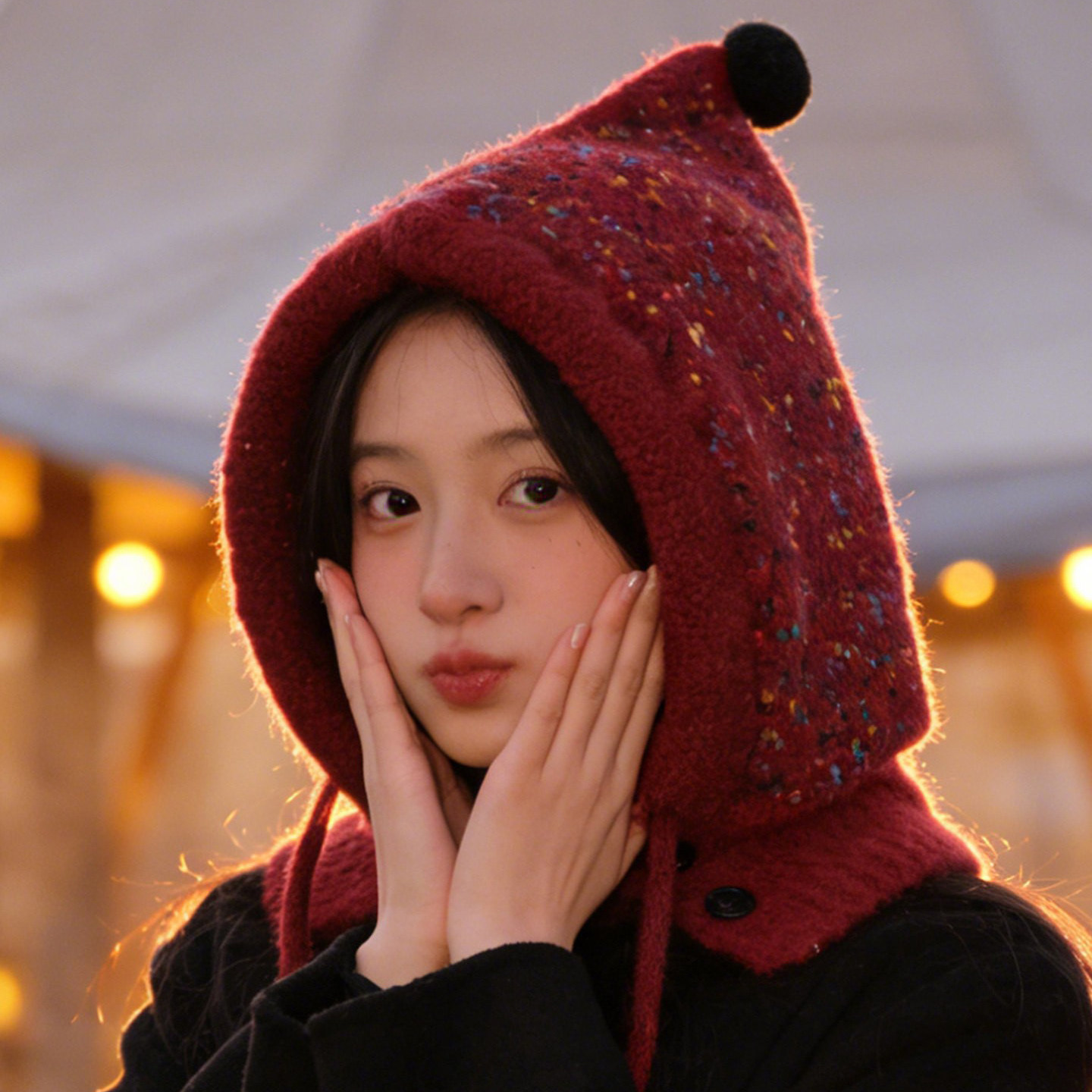 新年红色针织保暖巴拉克拉法帽女