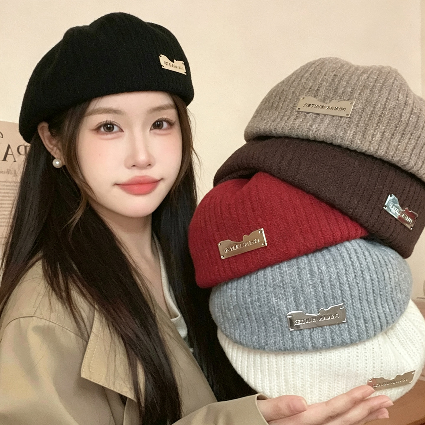 韩版复古显脸小针织贝雷帽女款