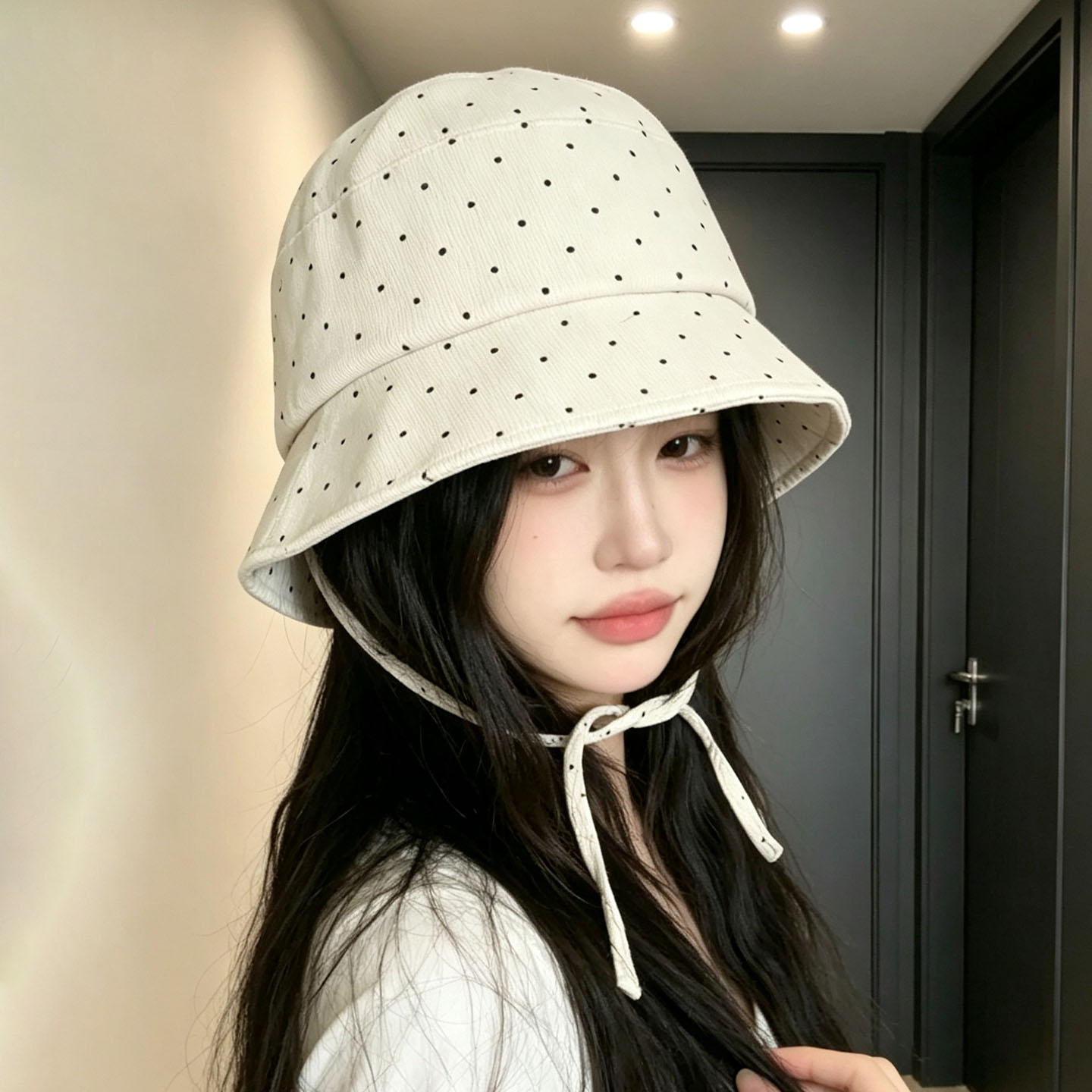 秋季女波点系带宽檐防晒渔夫帽