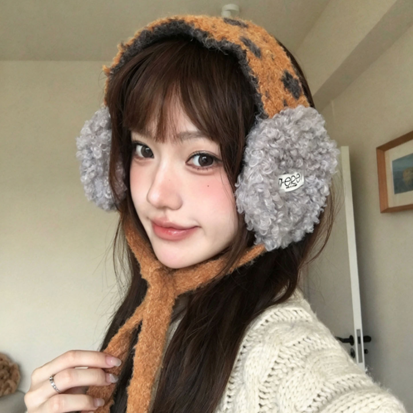 冬季保暖羊羔绒绑带耳套女款
