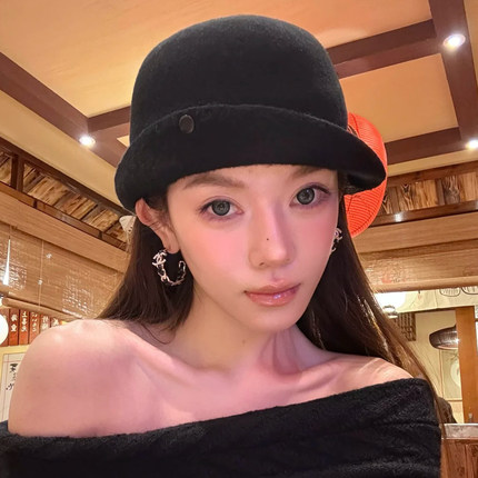 张婧仪同款黑色礼帽冬季帽子女款法式千金风百搭显脸小保暖渔夫帽
