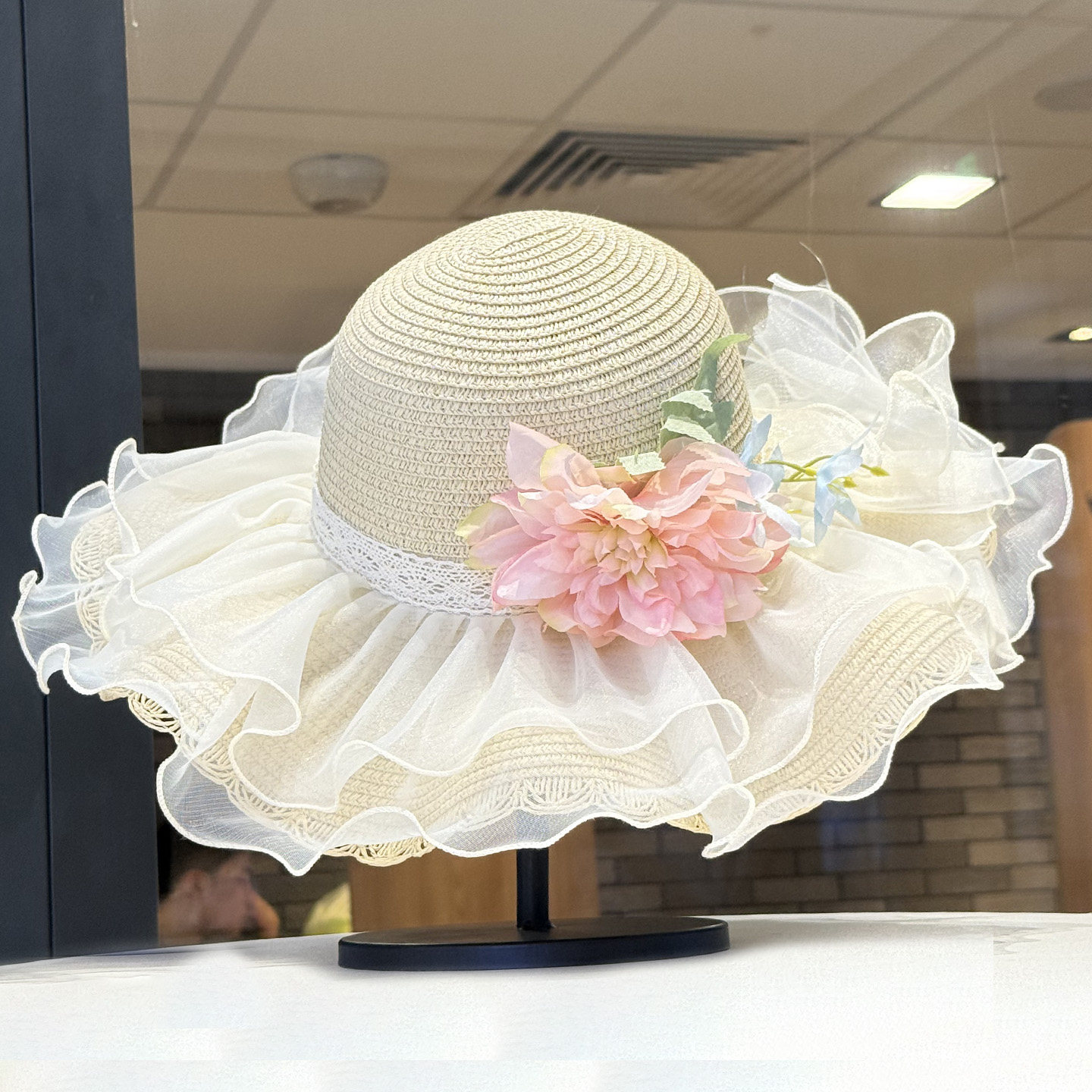 夏季田园花朵蕾丝大檐防晒草帽