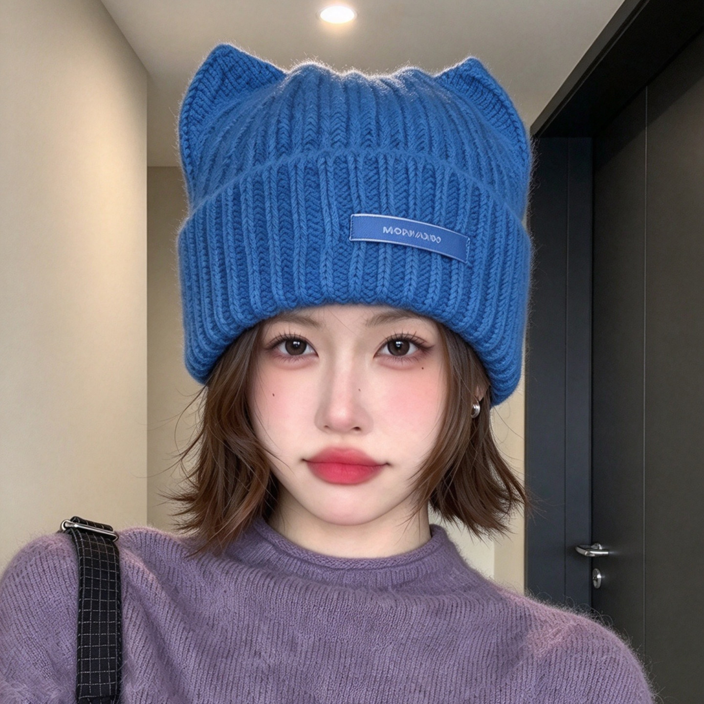 猫耳蓝色保暖护耳针织帽显脸小
