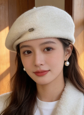 贝雷帽春秋季帽子女款2026新款百搭红色羊毛呢蓓蕾帽气质画家帽子