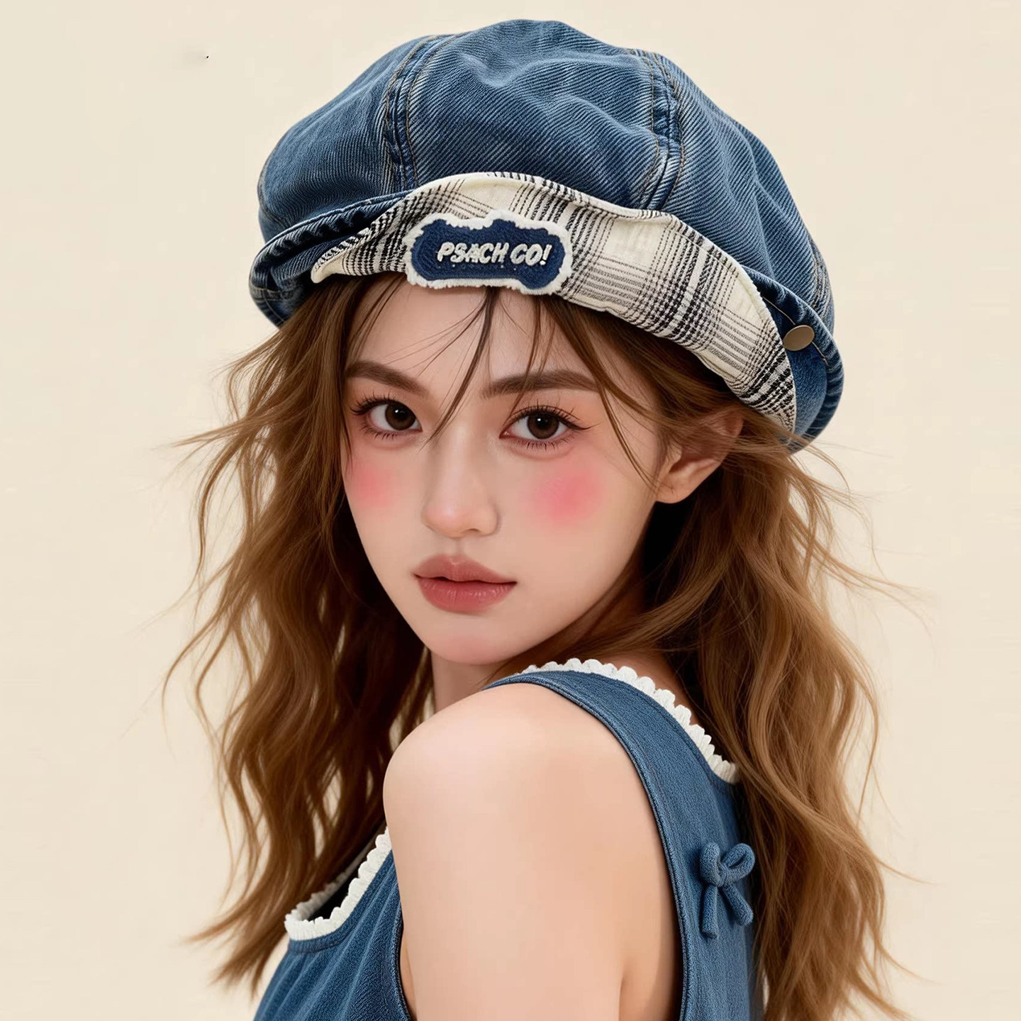 韩版字母刺绣翻檐牛仔八角帽夏季帽子女款百搭显脸小云朵帽贝雷帽