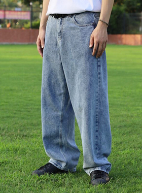 PRESSURE滑板牛仔裤美式街头浅蓝色炒雪花oversize宽松版型情侣款