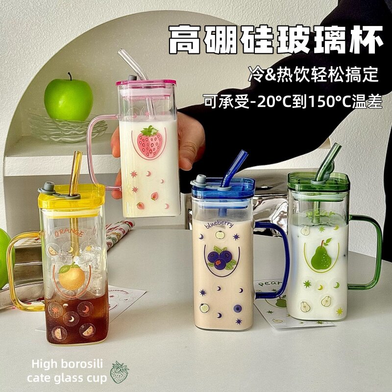 高硼硅耐高温方形带把吸管玻璃杯图片