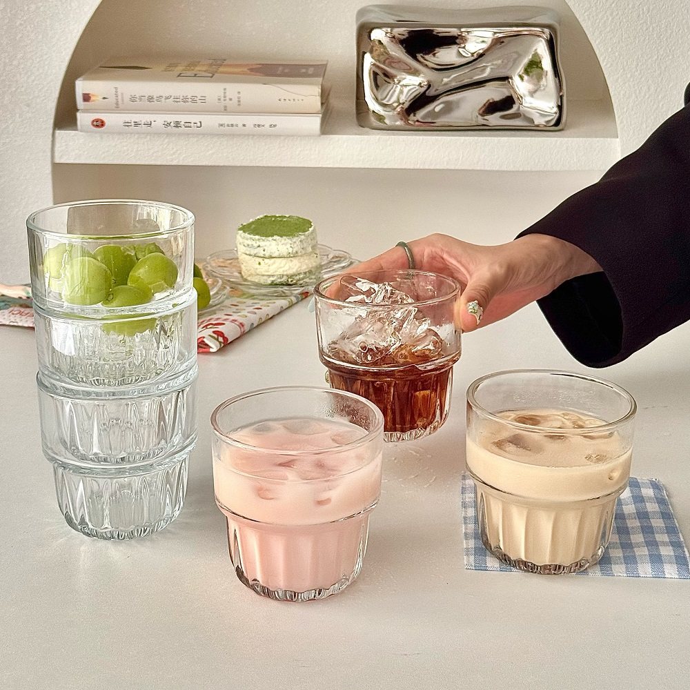 ins居家拉花杯咖啡杯特厚叠叠杯玻璃杯饮料果汁杯早餐杯喝水杯子