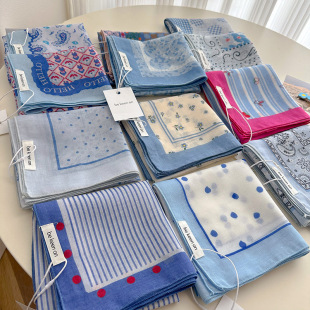 时尚 波点拼接条纹小方巾58x58棉质透气旅游防晒头巾绑发带女领巾